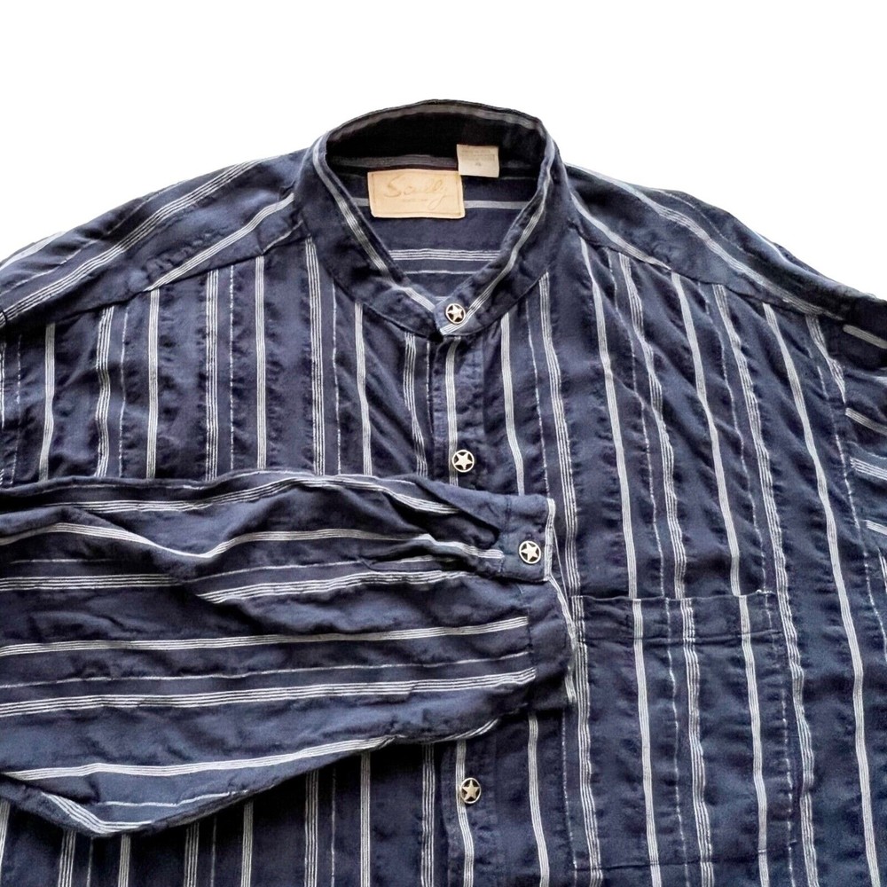 Scully Mens XL Striped Band Collar Button-Up L/S Shirt Navy Metal Star Buttons